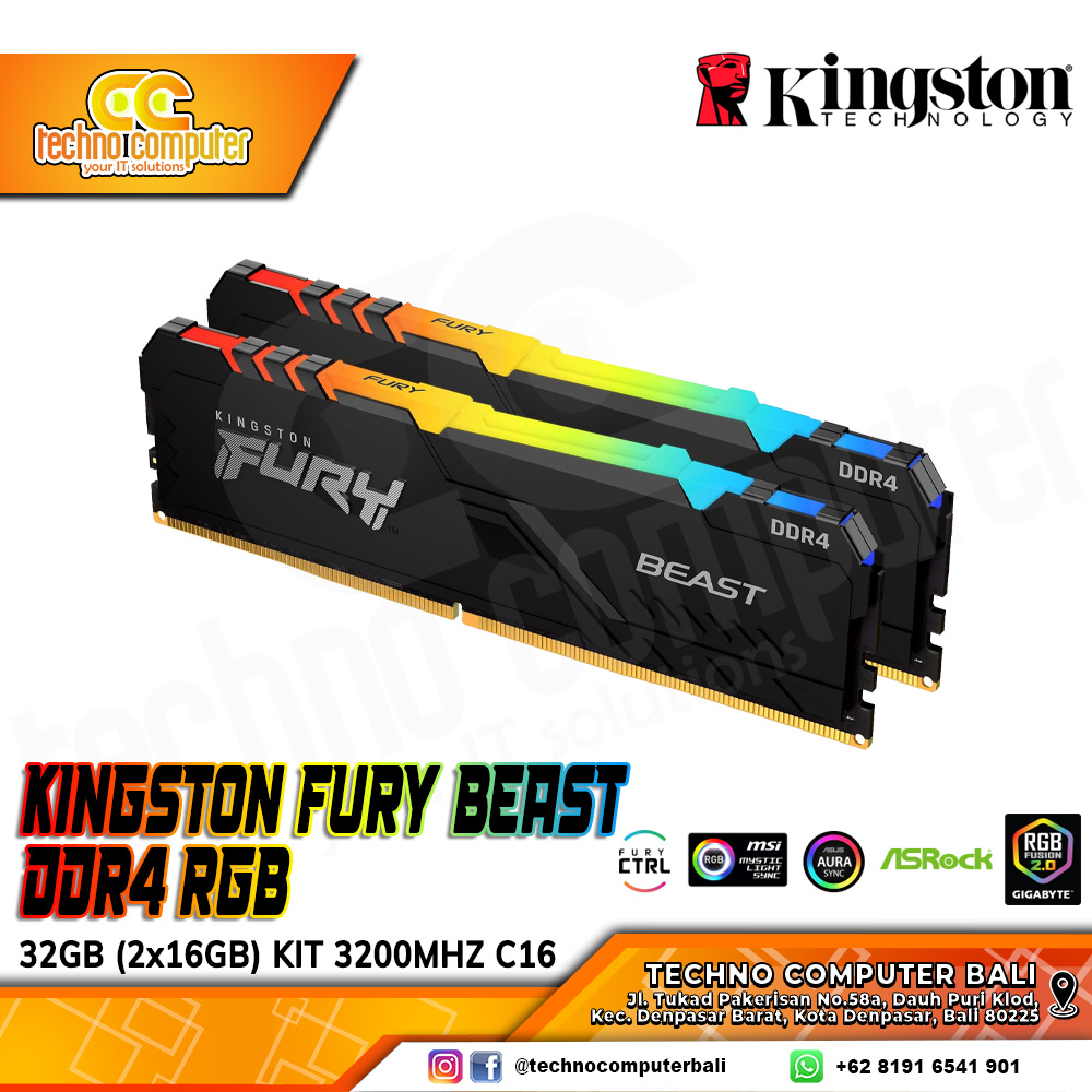 DDR4 KINGSTON FURY BEAST RGB 32GB (2x16GB) Kit 3200Mhz