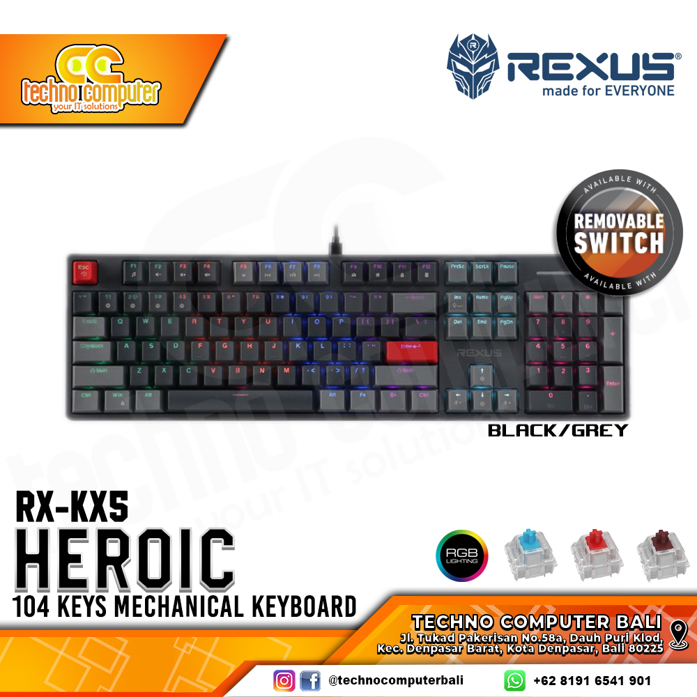 REXUS HEROIC KX5 V2 Black/Grey - Mechanical Blue Switch - Gaming Keyboard