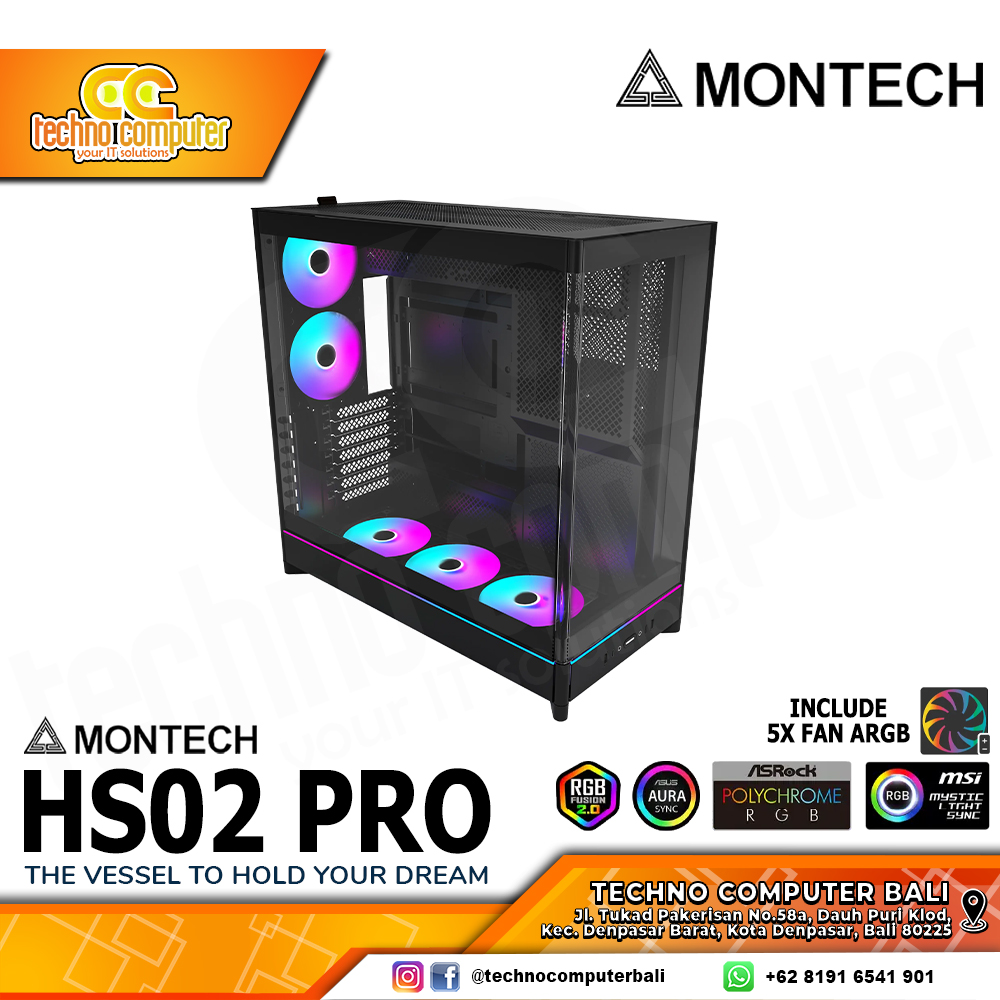 CASING MONTECH HS02 PRO Glass Black - Mid Tower ATX Case Tempered Glass (Free 5x ARGB Fan)
