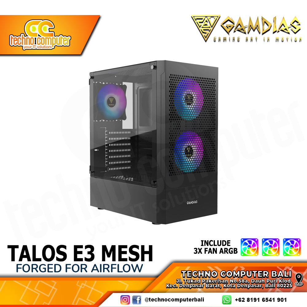 CASING GAMDIAS TALOS E3 Mesh Black - Mid Tower ATX Case Tempered Glass (Free 3x ARGB Fan)