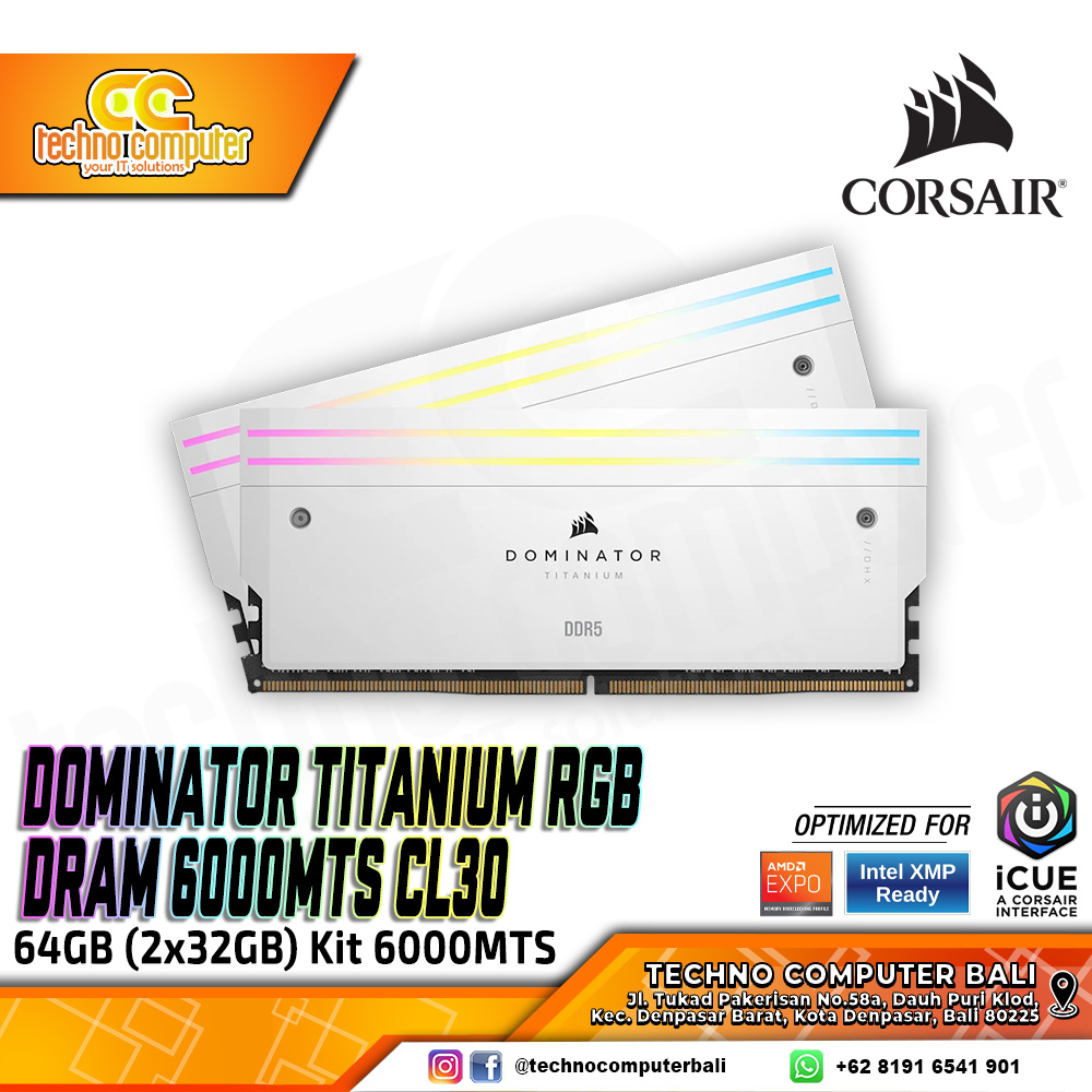 DDR5 CORSAIR DOMINATOR TITANIUM RGB 64GB (2x32GB) Kit 6000MHz CL30 AMD EXPO & Intel XMP - WHITE
