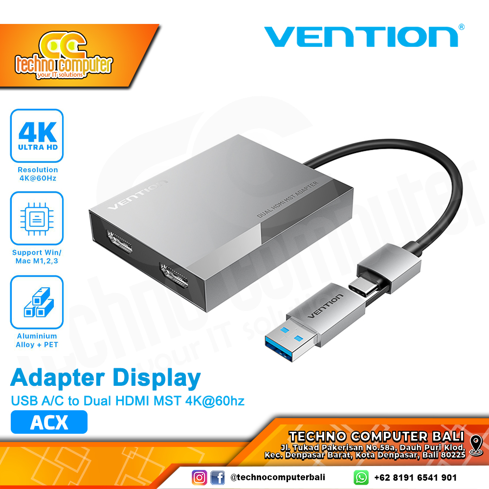 VENTION CONVERTER ADAPTER DISPLAY USB A 3.0 Type-C to Dual HDMI MST 4K HD - ACX