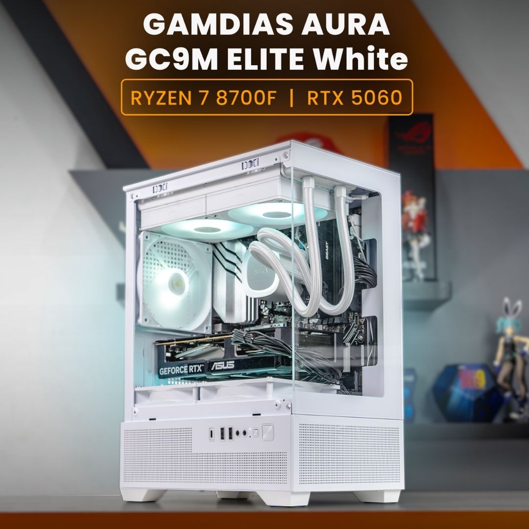 PC RAKITAN RYZEN 7 8700F / RTX 5060 / GAMDIAS AURA GC9M ELITE ARGB White