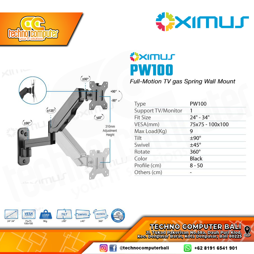 Bracket Monitor TV 24-34inch OXIMUS PW100 Gas Spring Wall Mount Bracket