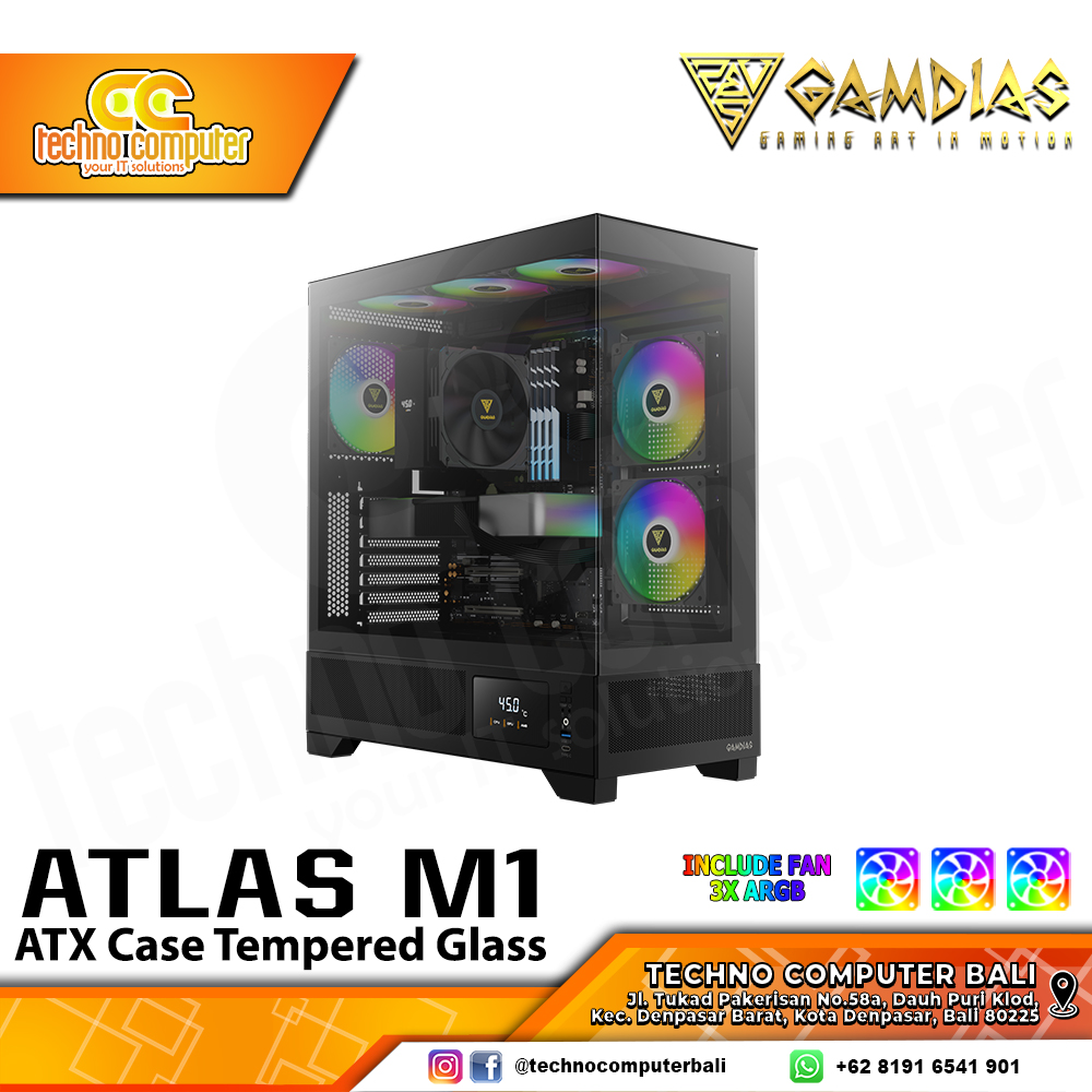 CASING GAMDIAS ATLAS M1 Black - Mid Tower ATX Case Tempered Glass (Free 3x ARGB Fan)