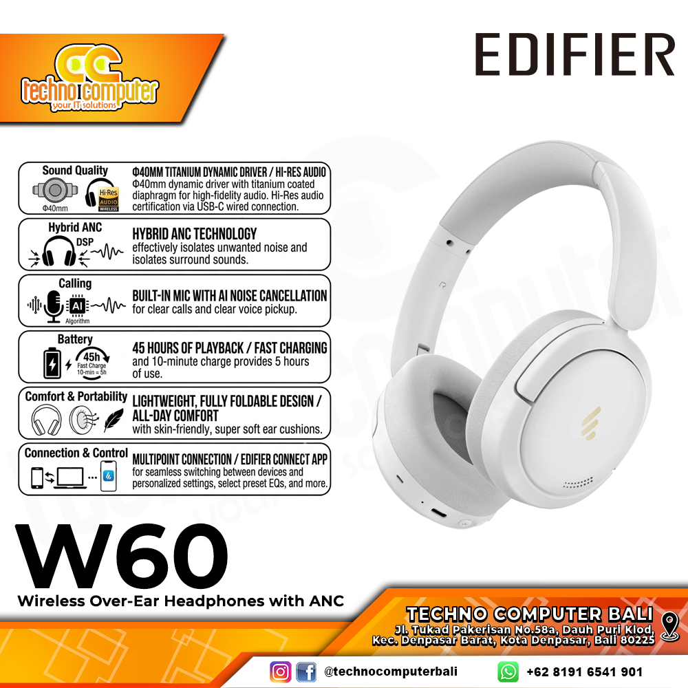HEADPHONE EDIFIER W60 Wireless Hi-Res Audio ANC White - Headphone Wireless